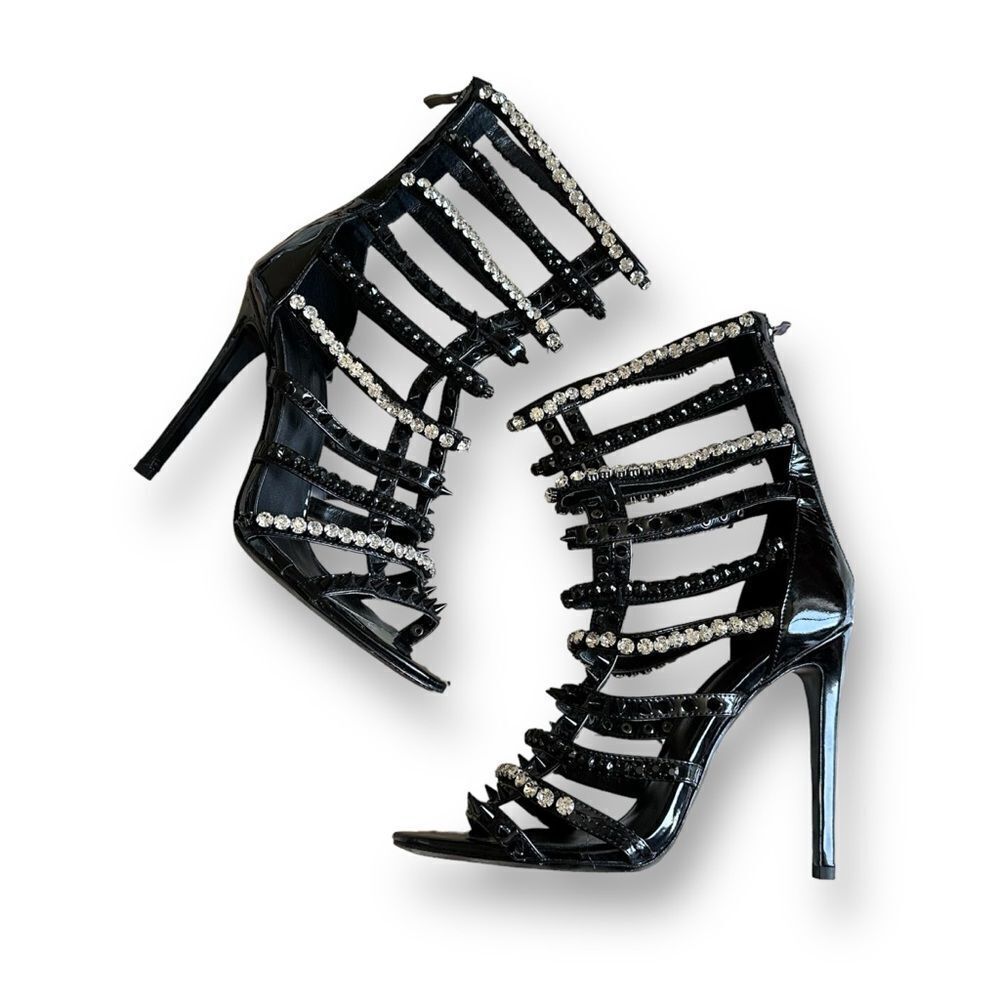 I Am Jennifer Le Razor High Heel Sandals Black Patent Crystal Spike Size 39
